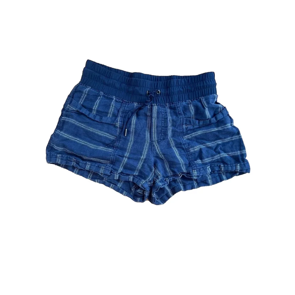 Athleta Shorts Women's Blue Chambray Cabo Linen Elastic Waist Striped 6 A000833